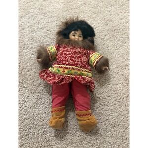 Vintage Arctic-Inspired Porcelain Eskimo Doll Tall Wooden Body‎ Moveable Legs